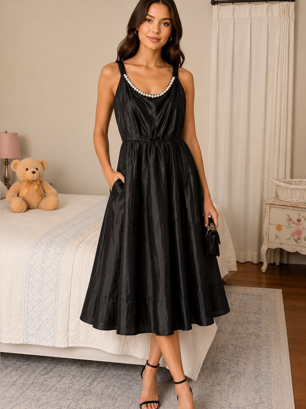 Flying Tomato Black Pearl Trim Midi Dress Size M Elegant Fit & Flare